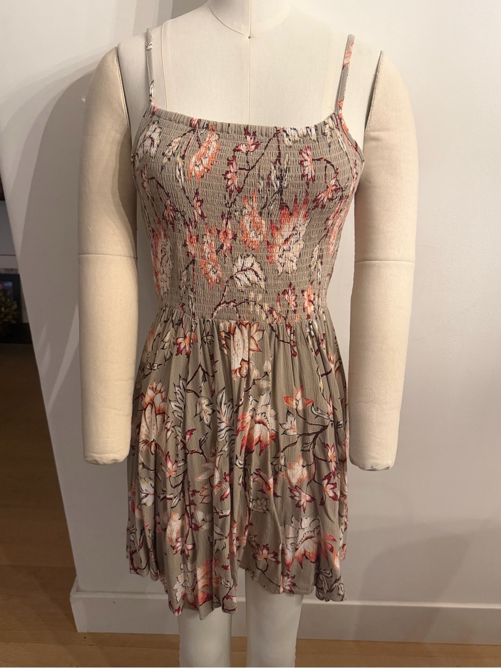 Angie Taupe Floral Smocked Mini Dress with Pink and Orange Blooms